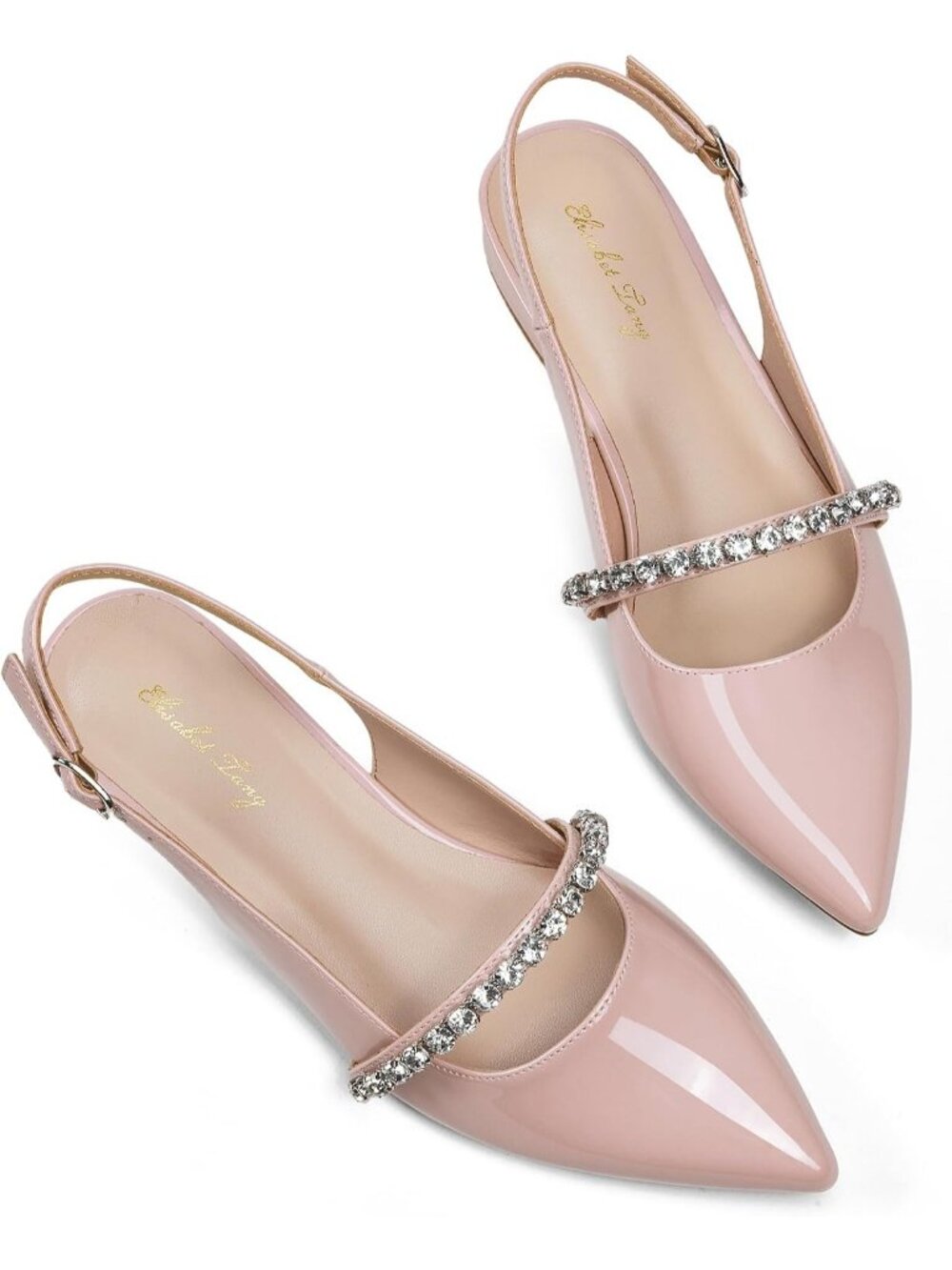 Women's Pink Leather Slingback Flats Rhinestone Closed Pointed Toe Dressy Shoes